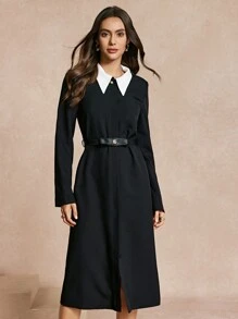 Chiquease 女士优雅修身撞色领连衣裙长款女装