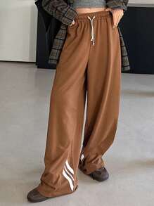 DAZY Contrast Color Drawstring Loose Wide Leg Pants, Women's Casual Sweatpants, Spring Women Joggers - Brown - View 7