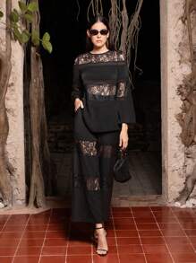 VERO DIAZ 设计师女士黑色雪纺透明蕾丝绉纱喇叭袖优雅宽松上衣，外出，节日 - 黑色 - 查看 1