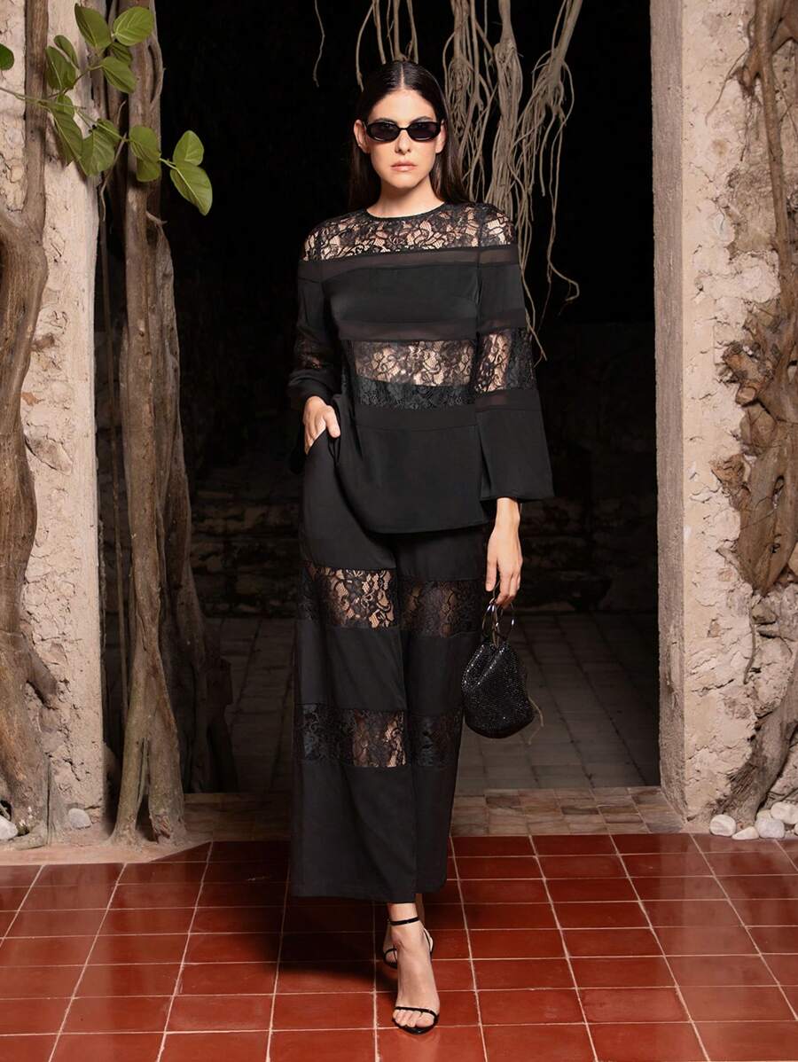 VERO DIAZ 设计师女士黑色雪纺透明蕾丝绉纱喇叭袖优雅宽松上衣，外出，节日 - 黑色 - 查看 1