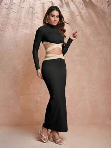 Keraye London Soft Lux Collection Váy đen thanh lịch cổ lọ dệt kim thiết kế, cho ngày lễ, đêm tiệc, trang phục hòa nhạc sinh nhật, lễ hội, trang phục lễ hội rave, đám cưới, váy dạ hội - màu đen - Xem 5