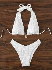 SHEIN Swim Summer Beach Women's Solid Color Halter Neck Bikini Set With Faux Pearl & Shell Pendant Decor, Two Pieces - White - View 8