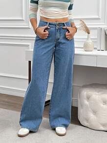 SHEIN LUNE 女式前扣口袋简约牛仔裤，休闲日常穿着