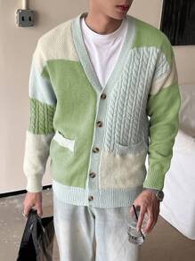 Claim Dot Men's Solid Color Splicing Front Button Long Sleeve Pocket Casual Shirt, Everyday Wear - Olive Green - View 1