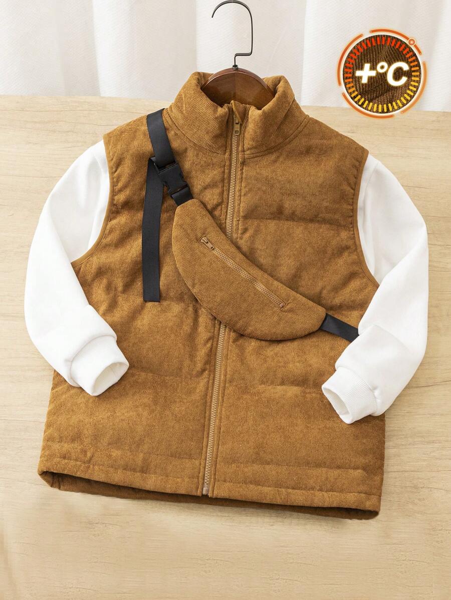 Dziecięca/nastoletnia chłopięca swobodna sztruksowa ciepła pikowana kamizelka ze stójką i torebką typu crossbody 2 szt. Zestaw