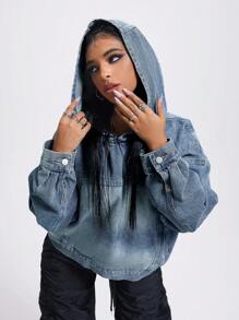 SHEIN ICON 女士连帽套头牛仔运动衫，Y2K，街头服饰，运动，休闲 - 中等水洗藍 - 查看 4