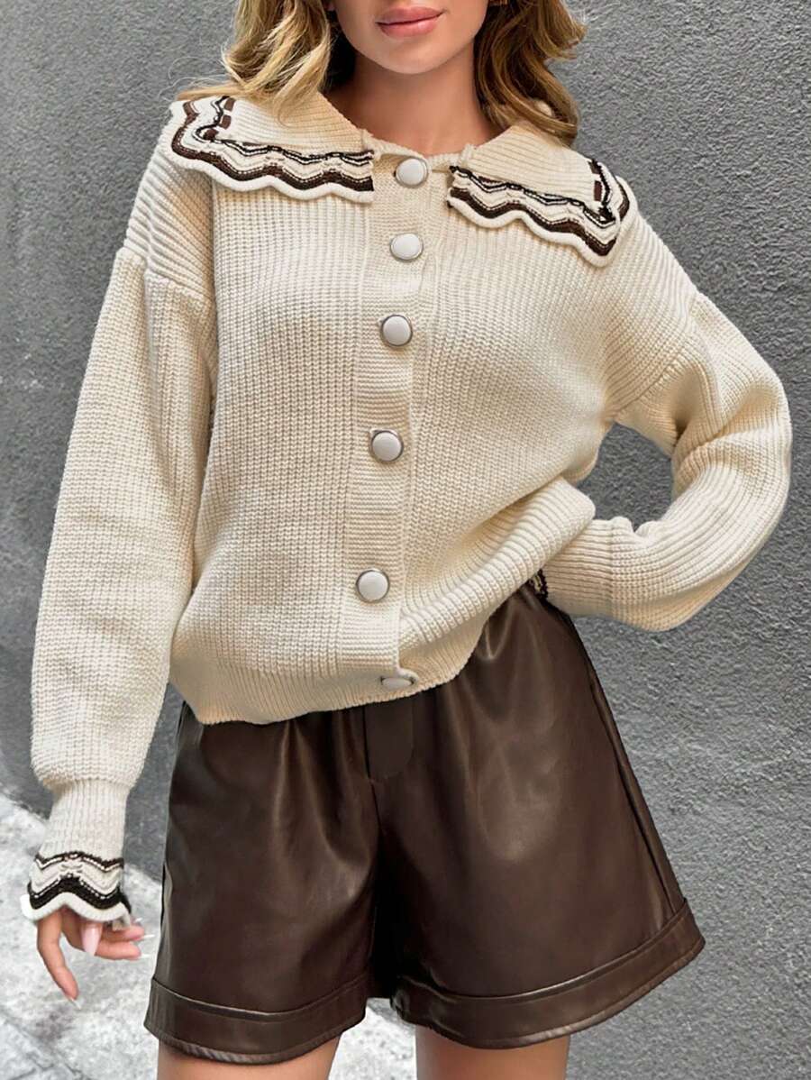 RueChic Peter Pan Collar Sweater Women Casual Loose Pullover Cardigan, Soft Cozy Knit Elastic Sleeve, Retro Style Suit Outer Wear - White - View 1