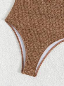 Women Solid Color Textured Fabric Summer Beach Body Fitted Backless One-Piece Swimsuit - Rust Brown - View 5