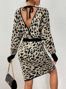Chiquease Fashionable Leopard Print Knit Long Sleeve Tie Waist Sweater Dress - Multicolor - View 2