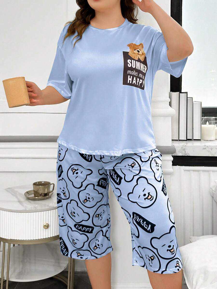 大码女式字母和熊印花短袖 T 恤和短裤家居服睡衣套装 - 藍色 - 查看 1
