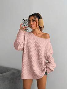 SHEIN Unity Women Autumn/Winter Vintage Loose Dropped Shoulder Oatmeal Thick Knit Sweater, Casual Street Wear Knit Pullover Fall Sweater - Pink - View 6