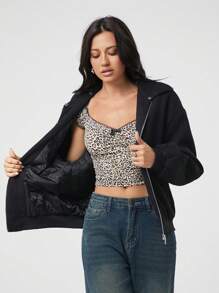 SHEIN EZwear Áo khoác thường ngày dài tay cổ lông màu đen tương phản cho nữ, mùa thu/đông - màu đen - Xem 6