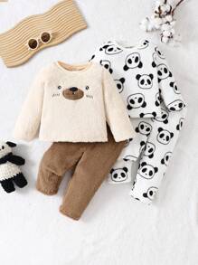 4件套男婴可爱熊猫印花毛绒上衣和裤子家居服套装 - 彩色 - 查看 5