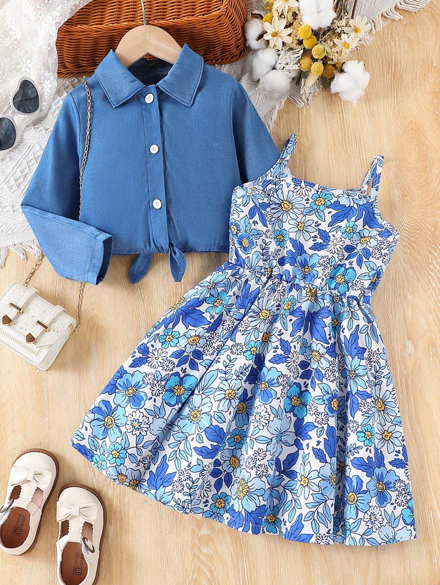 2pcs Young Girl Casual Front Button Closure Long Sleeve Top And Dress Set