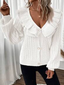 SHEIN Privé Women's Solid Color Long Sleeve Single-Breasted Ruffle Hem Cardigan, Autumn/Winter - White - View 3