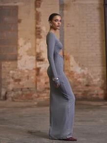 MUSERA 前开衩扭结长袖连衣裙，优雅春夏度假舞会秋季长裙，毕业舞会礼服 - 深灰色 - 查看 2