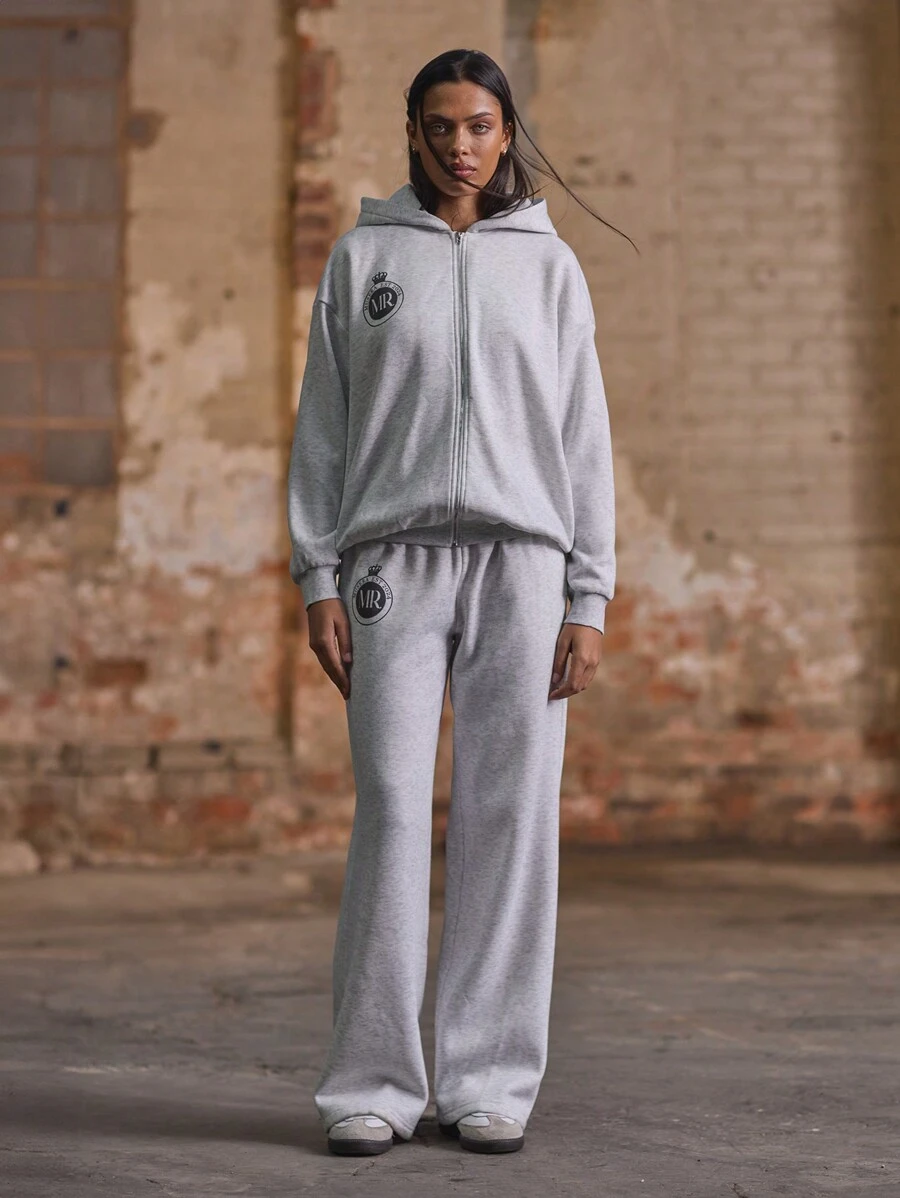 MUSERA Royal Slogan Oversized Hooded Sweatshirt Casual - Light Grey - View 1
