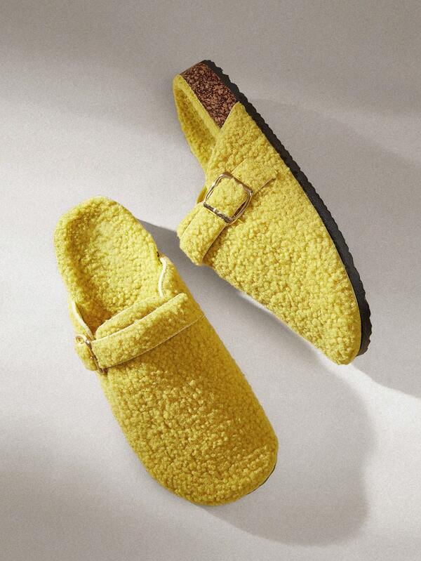 Solecia Chancletas de mujer de punta redonda y peluda, sin cordones, planas, para Año Nuevo y días festivos