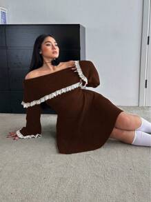 SHEIN MOOSTA 大码优雅拼色蕾丝边露肩喇叭袖毛衣连衣裙，秋冬 - 棕色 - 查看 6