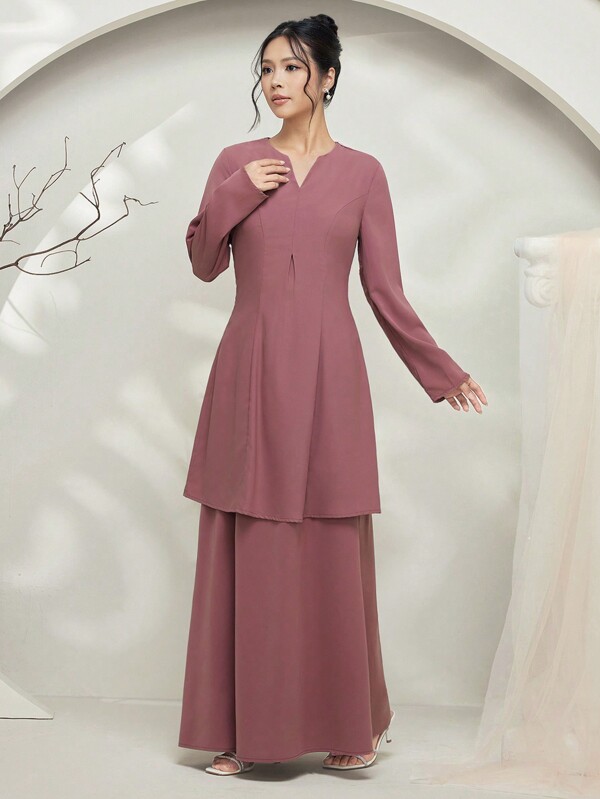 Graceveil Baju Kurung Damen Set mit V-Ausschnitt, einfarbiges Oberteil mit langen Ärmeln und midi-länge Rock, bescheiden