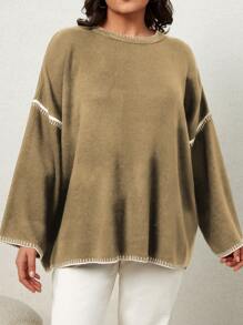 SHEIN Cottnline 大码女式拼色饰边圆领长袖简约休闲毛衣 - 米色 - 查看 4