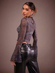 Hauture 优雅性感花朵蕾丝长喇叭袖生菜下摆假日部分上衣 - 藏蓝色 - 查看 2