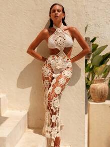Swim Chiccia New Summer Apricot Hollow Out Crochet Fabric Vacation Beach Cover-Up Dress