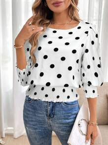 SHEIN LUNE Crew Neck Vintage Black Edged Polka Dot Print Casual Commuter Elegant Pullover Hem Ruffled Trim Shirt For Women, Autumn/Winter