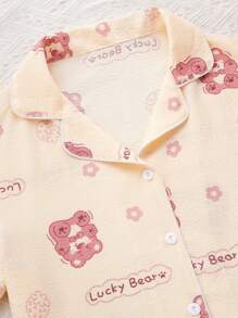 Conjunto de pijama con cardigan con cuello vuelto y estampado de osos para mujeres - Albaricoque - Ver 4