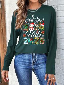 SHEIN LUNE Casual Simple 2025 Happy New Year Graphic Round Neck Long Sleeve Loose Women T-Shirt, Suitable For Spring And Autumn - Green - View 2