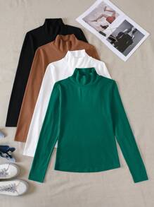 SHEIN Essnce 4 piezas Camiseta unicolor de cuello alto - Multicolor - Ver 1