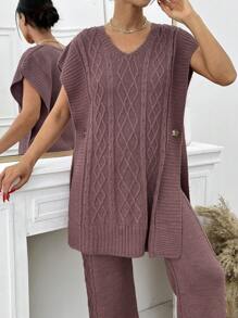 SHEIN Cottnline 女士纯色纹理针织背心和毛衣裤套装 - 藕粉色 - 查看 3