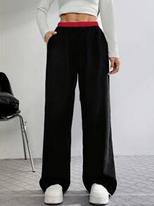 SHEIN EZwear Pantalones anchos y sueltos de mujer con bloqueo de color y cordón en la cintura, hechos de pana