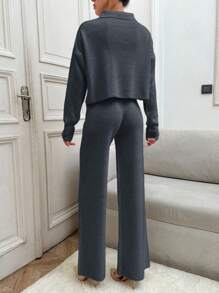 EURMUSE 2 件韩版马球领针织开衫套装，金属纽扣装饰，女士休闲 - 深灰色 - 查看 6