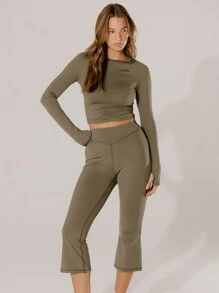 Aralina Leisurewear Olive Green Longsleeve Ruched And Kick Flare Dance Edge Set - Khaki - View 11