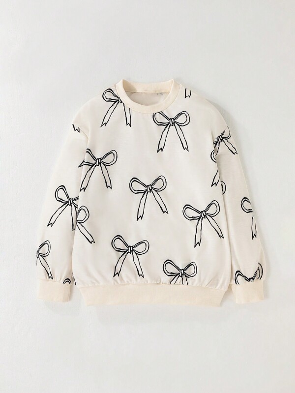 Tween Girl Cute Fashion Bow & Letter Print Round Neck Casual Pullover Sweatshirt, Versatile For Spring, Autumn & Winter