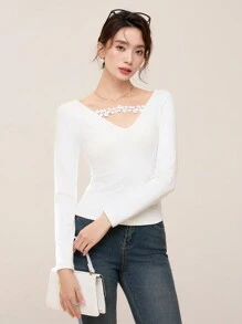 EastFlair 女式优雅长袖修身 T 恤，带花卉贴花，秋季 - 白色 - 查看 1