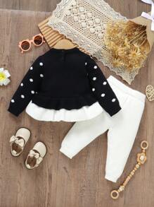 Conjunto de suéter informal con estampado de corazones lindo para bebé niña - Blanco y Negro - Ver 2