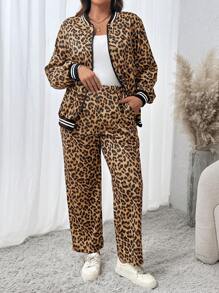 Conjunto de 2 piezas para mujer talla grande, con manga larga estampado de leopardo, moda retro estadounidense, diseño elegante, corte holgado, efecto adelgazante, atuendo versátil para otoño/invierno para ropa de fiesta de Año Nuevo
