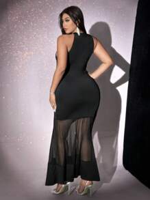 Viva Relle Vestido maxi de talla grande para mujer de unicolor elegante con cuello de malla y apliques, outfit para el Día de San Valentín