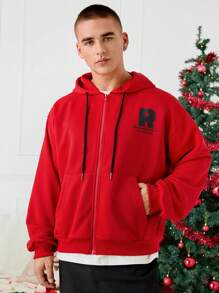 Manfinity VCAY Loose Knit Drop Shoulder Zipper Hooded Sweatshirt, Suitable For Autumn/Winter Going Out, Letter Long Sleeve Full Zip Up Red Hoodie, For Friends, Husband, Boyfriend Gifts, For Christmas - Red - View 1