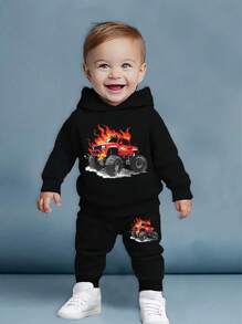 Baby Boy Casual Cute Comfortable Fashionable Simple Car Pattern Hoodie And Sweatpants Set - Black - View 1