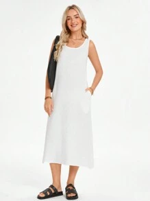 SHEIN LUNE 女士夏季休闲纯色无袖连衣裙 - 白色 - 查看 3