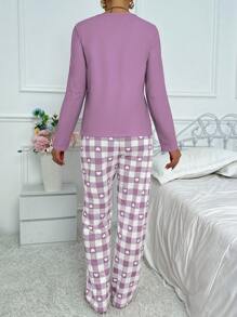 Bộ 2 món Áo in hình trái tim cỡ lớn phối quần kẻ sọc pijama, trang phục thu đông ấm áp và thanh lịch - Màu tím - Xem 2