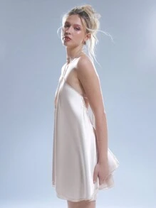 MUSERA 缎面镶钻饰边层叠连衣裙，春夏优雅度假派对新娘单身派对婚礼礼服 - 奶油色 - 查看 2