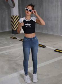 SHEIN Teen Girl Y2K Elastic Waist Insert Pocket Denim Stretch Pants,Fall Back To School Cute Clothes Outfits
