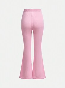 SHEIN Girlism Tween Girls 2 Pieces Set Includes Solid Color Ribbed Knit Crew Neck Pullover And Flared Pants, Casual & Comfy - Pink - View 4
