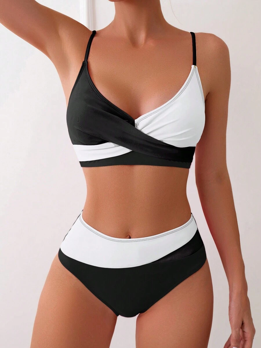 SHEIN Swim Bộ bikini đi biển gợi cảm dành cho nữ với thiết kế va chạm màu sắc - Đen và trắng - Xem 1