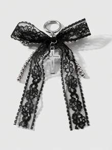 ROMWE Kawaii 1 chiếc Y2K phong cách Gothic đính hạt thủ công CCB bạc, nơ lưới ren đen, mặt dây chuyền hình thánh giá rỗng móc khóa túi xách, phù hợp cho phụ nữ/bé gái mặc hàng ngày, quà tặng ngày lễ tình nhân, Halloween - màu đen - Xem 4