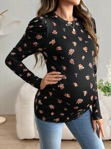 SHEIN Women's Floral Print Crew Neck Puff Sleeve Fitted T-Shirt, Suitable For Spring/Summer, Maternity Friendly
